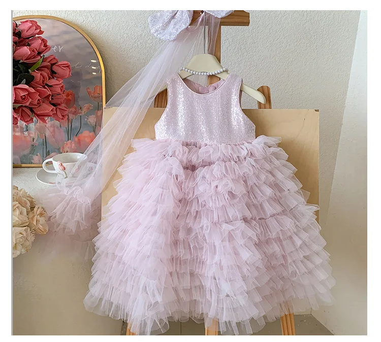 

2026 New Baby Summer Girls Boutique Sequined Mesh Vest Tutu Dress, Princess Kids Sweet Fashion Party Dress 3-7 T