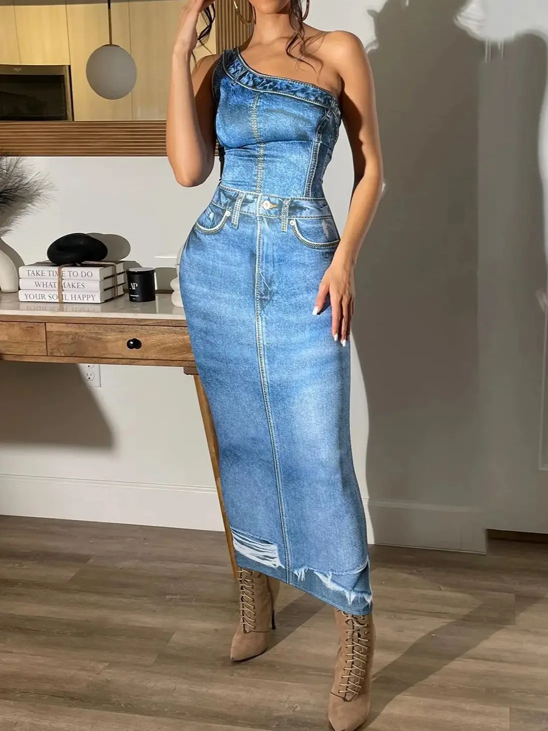 Women\'s New Imitation Denim Printed One Shoulder Dress Temperament Commuting Sexy Spicy Girl Women Bandeau Skinny Dresses