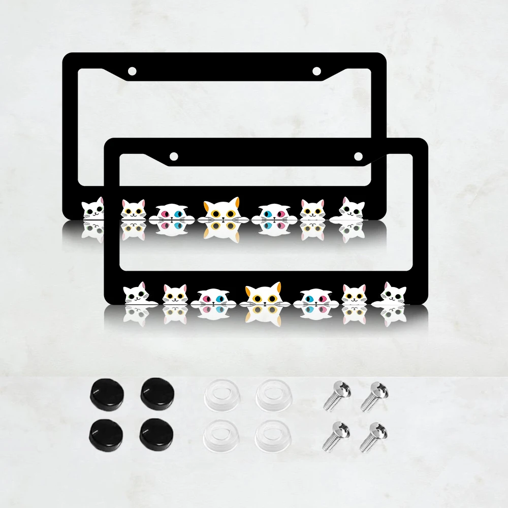 إطار لوحة ترخيص أسود بفتحتين مع نمط قطط ملون، مادة ألومنيوم، 6 × 12 بوصة، يتضمن مجموعة براغي #2
