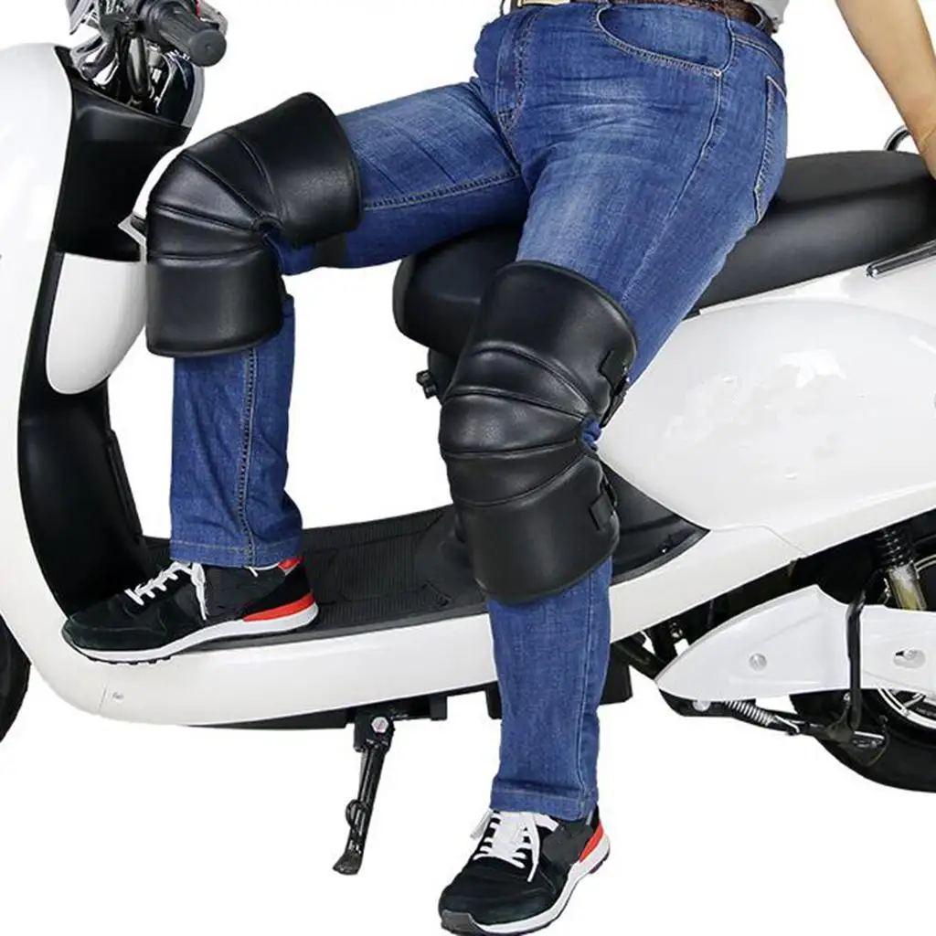Motorcycle Warm Kneepad Faux Leather Plush Lining Windproof Knee Sleeve Protector for Cold Weather Riding Biker Gear