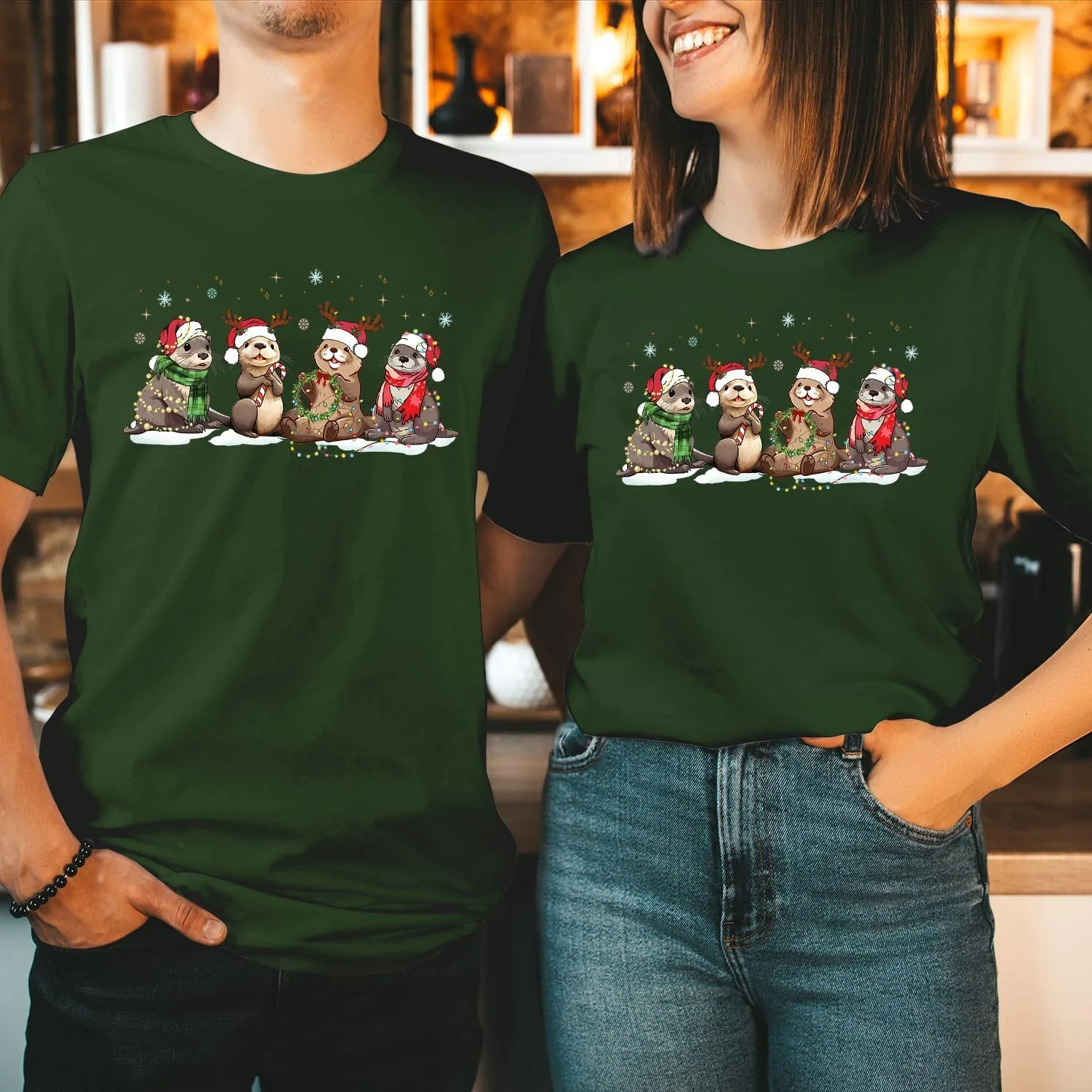 عيد ميلاد سعيد ثعالب الماء تي شيرت قضاعة عاشق البحر الحيوان عيد الميلاد عطلة القطن ريترو الشارع موضة تي شيرت قصير الأكمام تصميم س الرقبة