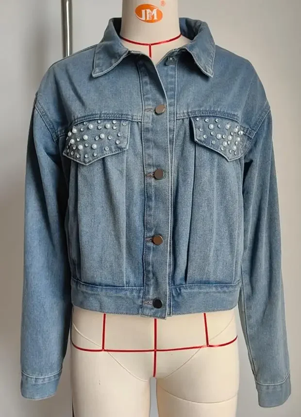 Women's Autumn New Washed Retro Studded Denim Top Streetwear Female Fashion Long Sleeve Denim Outerwear Coat