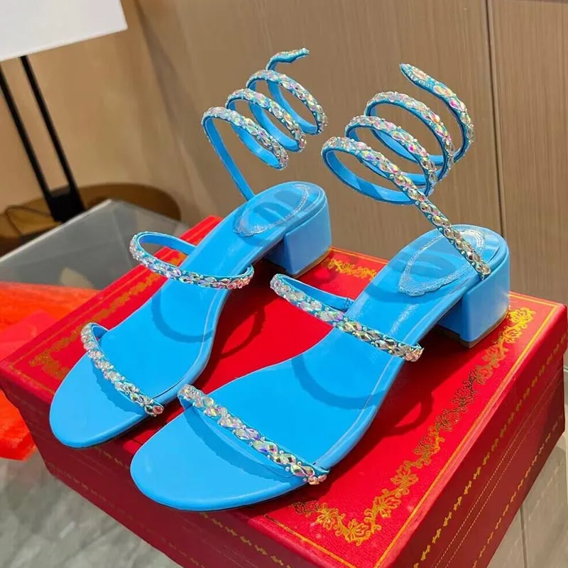 

Sandals Women's Ankle Snake Shaped Elastic Strap Entanglement Dress Shoes Summer Rhinestone Decor Square Heels Sandalias