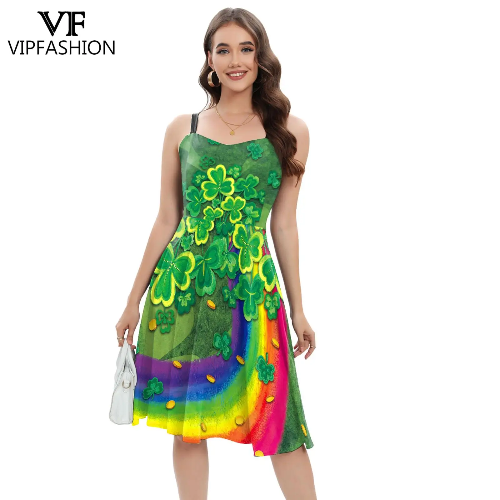 

VIP FASHION St. Patricks Day Women Dress Lucky Day Strap Dresses Sleeveless Summer Dress Holiday Party Clothes Cosplay Costume