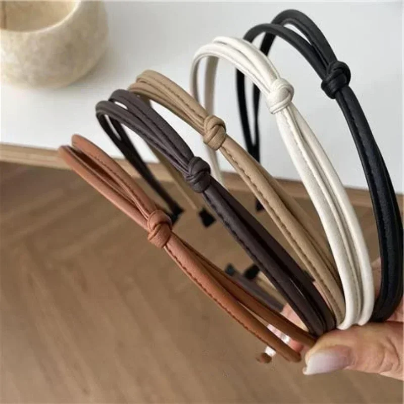 

Korean Vintage Knotted Thin PU Leather Solid Color Headband Simple Temperament Elegant Hair Band Hair Hoop Hair Accessories