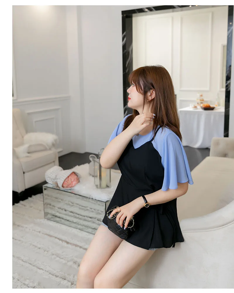 Large Size 7XL 120KG Women Chiffon Blouses Summer Sweet Shirt O Neck Fake two pieces Short Sleeve Women Tops