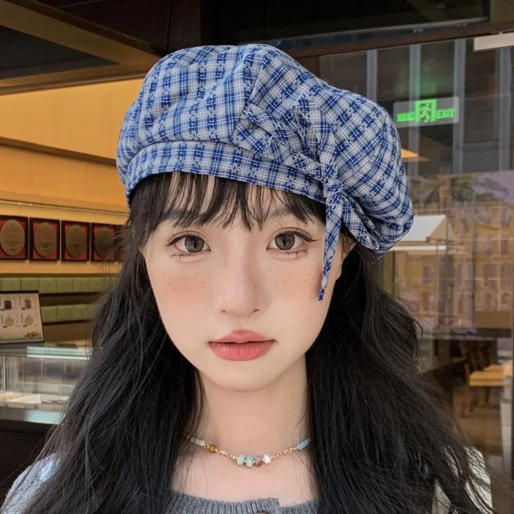 

Kawaii Bow Plaid Beret Hat Korean Style Lattice Women Painter Hat Cloud Hat Keep Warm Women Octagonal Cap Artist