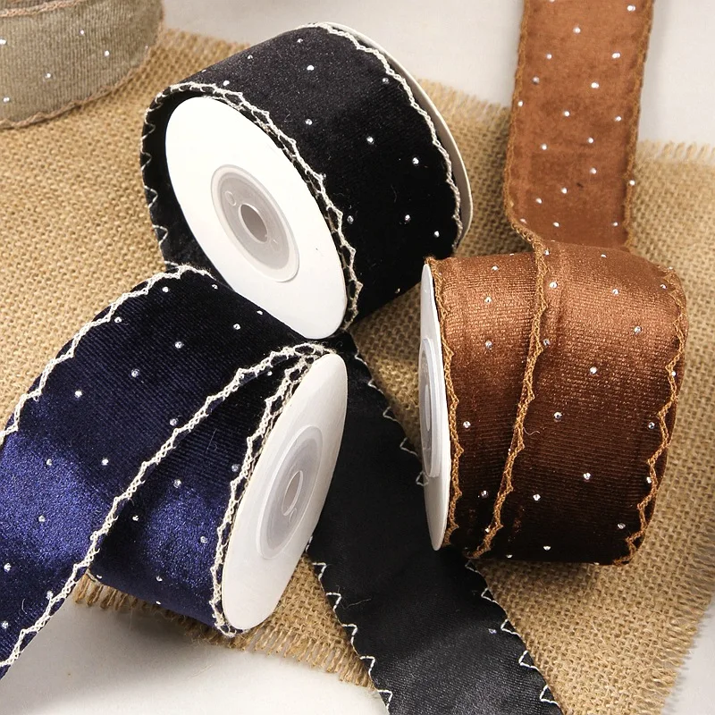 Velvet Ribbon With Diamond Dots Edge For Christmas Wedding Party Decoration Handmade Gift Wrapping Hair Bowknot DIY 25 40 50mm