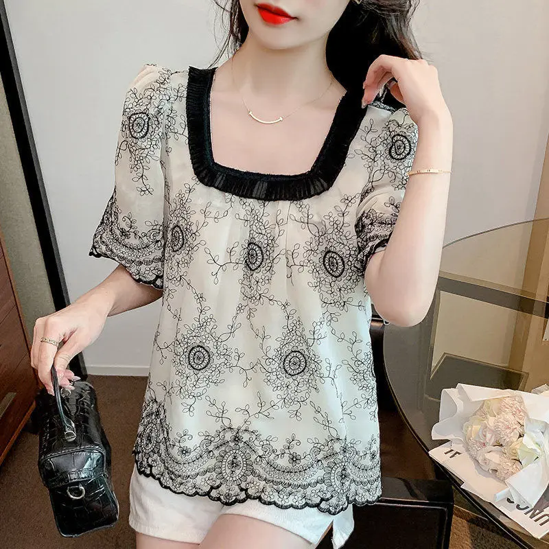 Summer Fashion Square Collar Patchwork Shirt Vintage Printed Women\'s Clothing Folds Korean Loose Short Sleeve Chiffon Blouse New