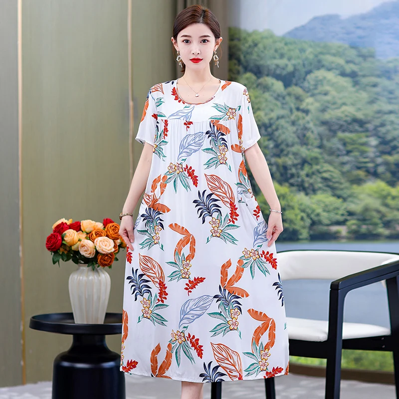 

Summer Floral Dress for Women Clothes 2023 New Elegant Middle Aged Ladies Long Dresses High Quality Soft Vintage Clothes