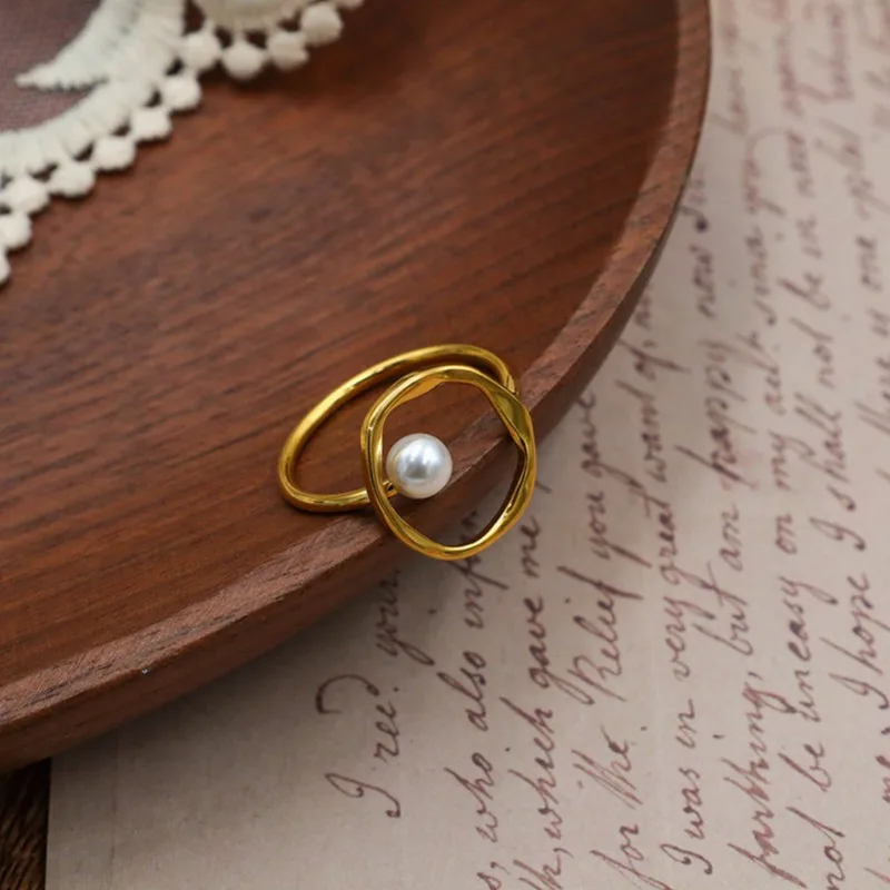 

Кольцо из титановой стали с геометрическим дизайном, покрытое 14-каратным золотом, с жемчугом, модное, стильное, для девушек.