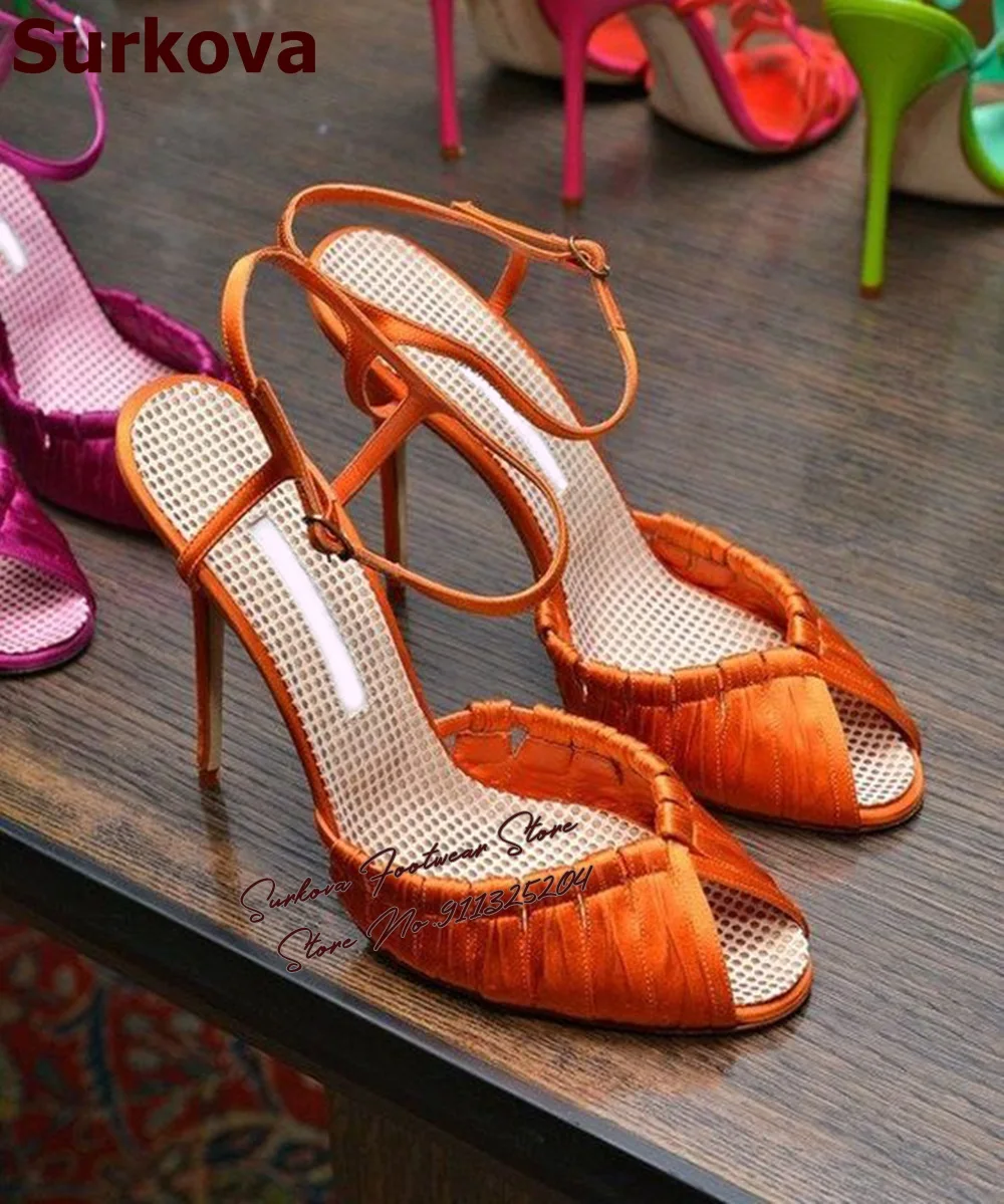 

Surkova оранжево-розовые босоножки на высоком каблуке из атласной ткани, шелковые туфли-лодочки на тонком шпильке с ремешками, вечерние туфли с узкими ремешками и пряжкой