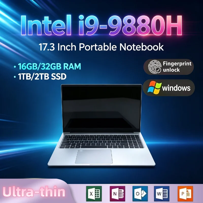 Intel i9 9880H 17.3 Inch Full Size Laptop 32GB RAM 2TB SSD Fingerprint Unlock Gaming Work High Performance Pro Ultra