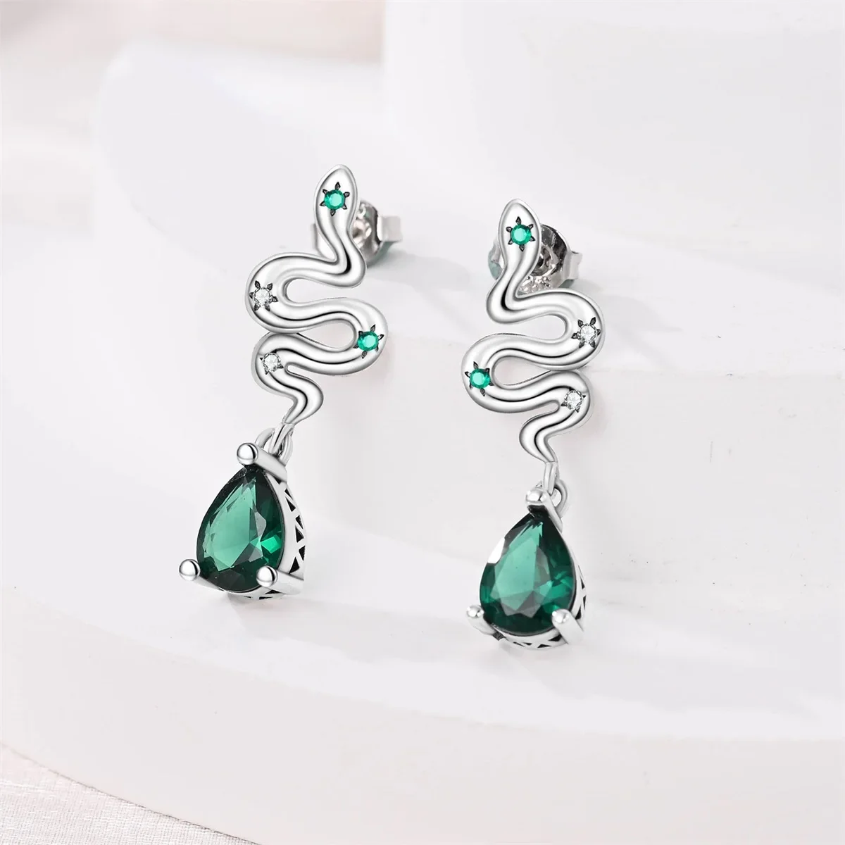 Pendientes de plata auténtica 925 para mujer, aretes de aro del año del serpiente, circonita verde, joyería de fiesta clásica de tendencia, Buen regalo de la suerte