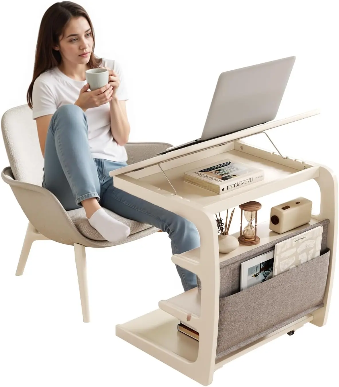

C Shaped End Table with Wheels for Couch, Adjustable Rolling Side Table with 4-Tier Storage for Home Office