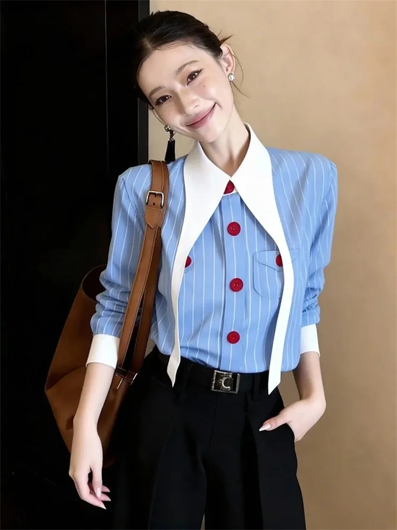 

Spring Autumn Ladies Single-breasted Unique Beautiful Blouse Luxury High Sense Blue Stripes Summer Joker Breathable Shirt Women