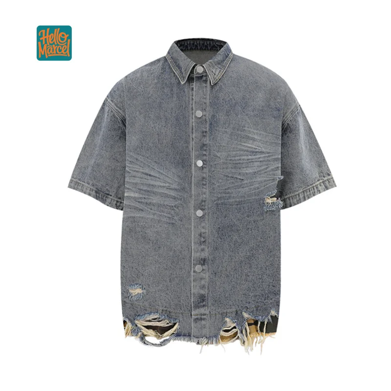 HELLOMARCEL EU US Size Luxury Quality Casual Shirt Street Wear Men'S Summer Retro Washed Ripped Denim Shirt Jacket