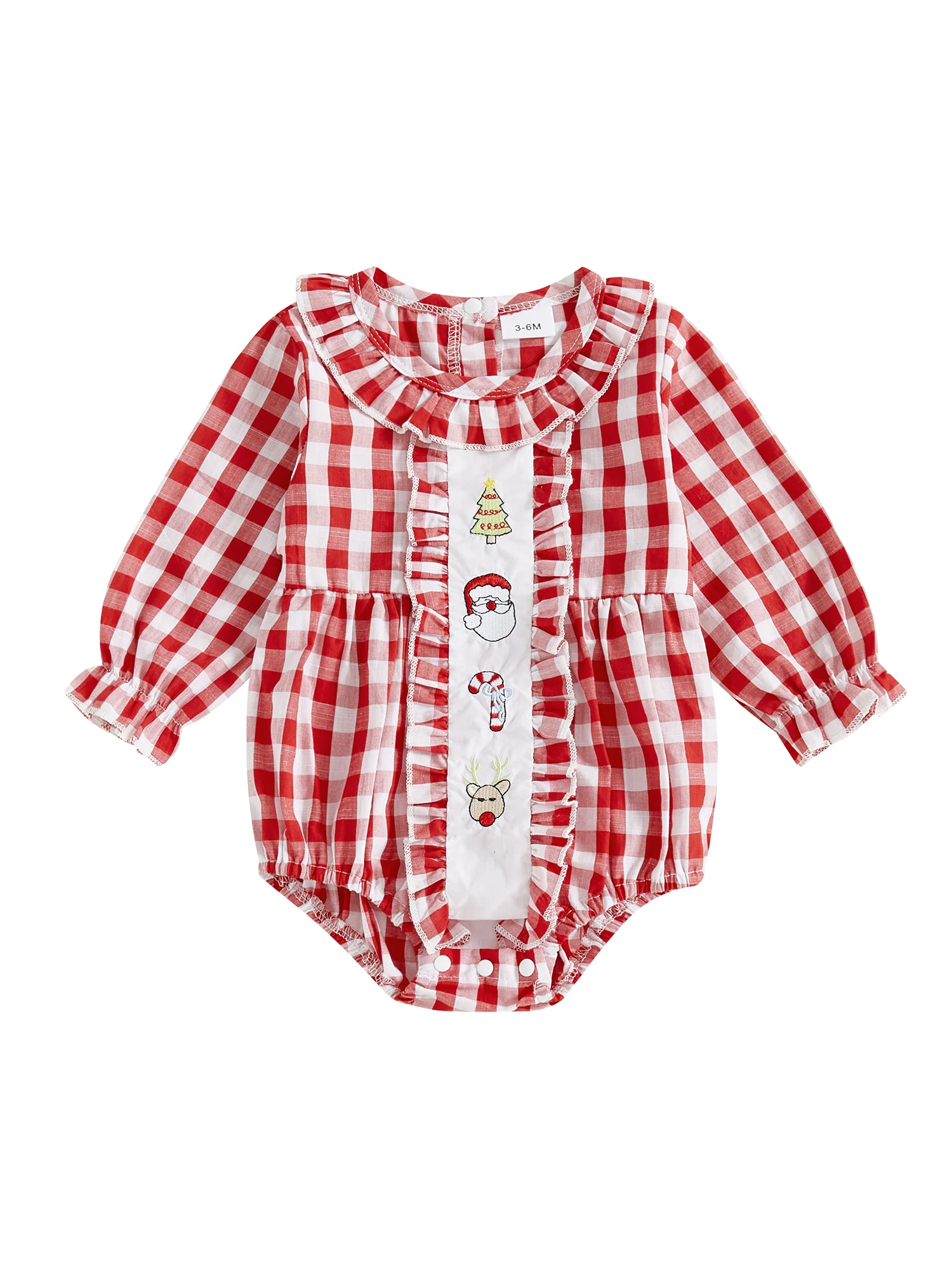 Toddler Girl Tartan Romper with Festive Christmas Tree Embroidery Ruffled Round Neck and Long Sleeves - Adorable Bubble