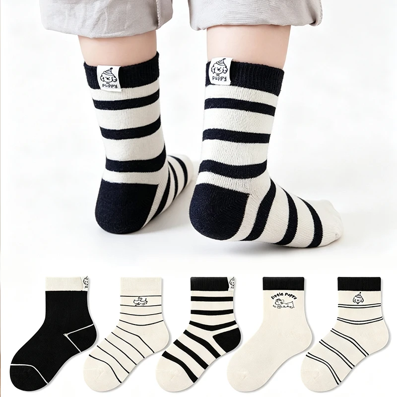 5 Pairs Children Socks Black White Striped Crew Kids Socks Cute Puppy Soft Child Socks Breathable Cartoon Socks for Boys Girls