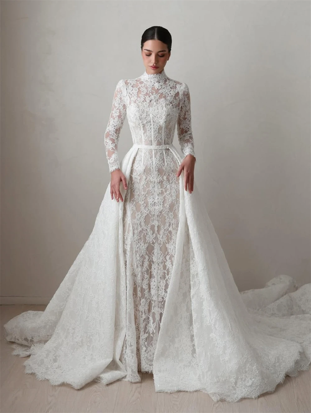 

Customized Dreamy White Lace Wedding Dress Formal O-Neck Long Sleeves Robe de mariée Charming A-Line Chapel Train Bridal Gowns