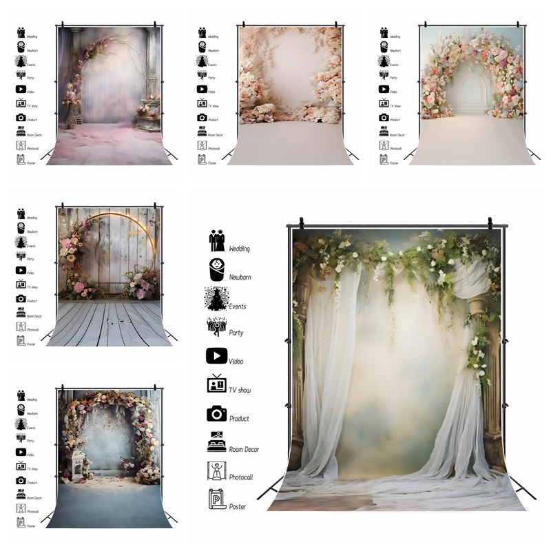 Telón de fondo de fotografía de retrato de boda de estilo bohemio, cortina de ventana de flores, accesorios de fondo de foto de fiesta de cumpleaños de ducha nupcial