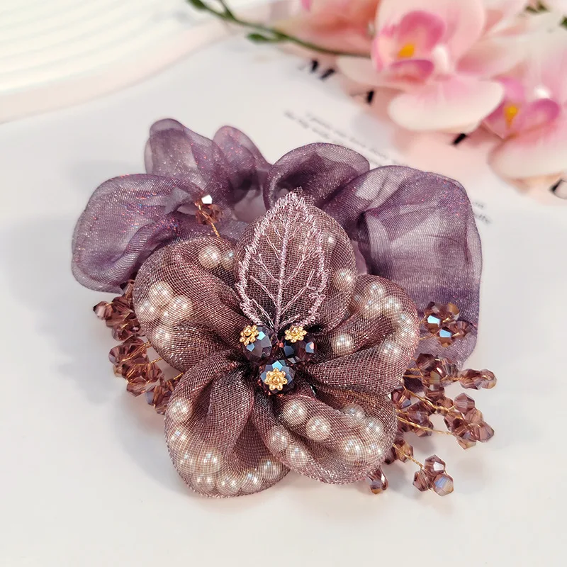 Neue Organza-Blumen-Accessoires Coletero Grande Para Cabello Scrunchies Kroattoкики Волос Kristall-Haarseil für Damen – Detail 4