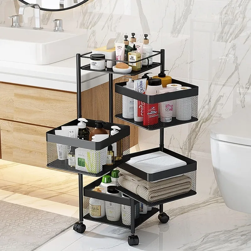 4 Tier Kitchen Storage Basket,270° Rotating Kitchen Storage Rack on Lockable Wheels for Fruits and Vegetables,for Kitchen