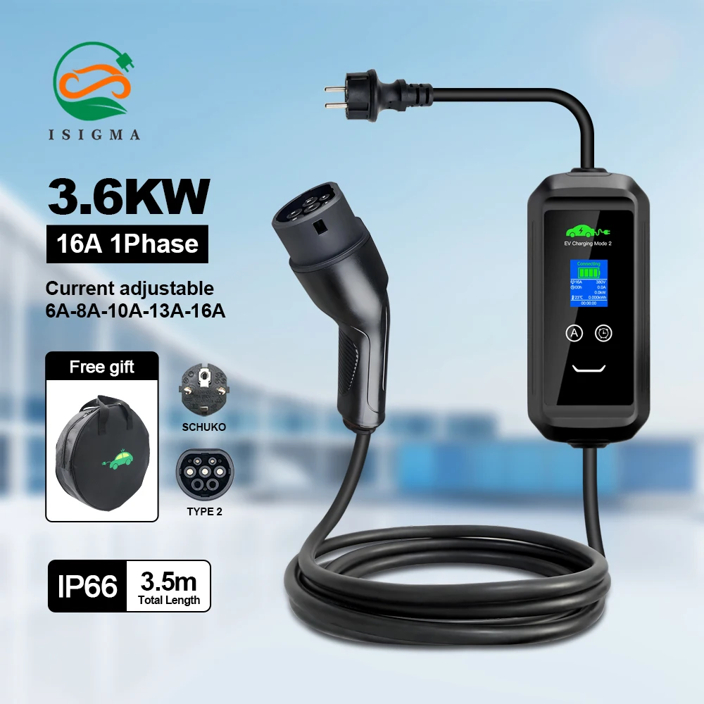 

Зарядное устройство для электромобилей Isigma 3,6 кВт Type2, кабель 3,5 м, водонепроницаемость IP66 — портативное зарядное устройство для электромобилей для домашнего и наружного использования