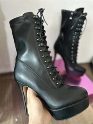 Onlymaker Women Platform Lace-Up Ankle Boots Stiletto High Heels Matte Black Side Zipper Large Size Boots