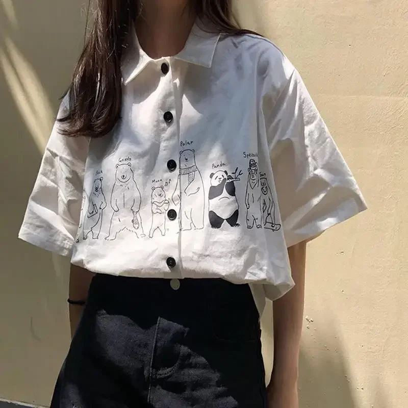 Adrette Übergroße Lose Cartoon Print Frauen Bluse Harajuku Einreiher Grunge Blusas Y2k Ästhetische Casual Weiße Shirts