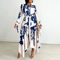 African Print Dresses For Women Big Size Fashion Nigeria African Clothing Lapel Long Sleeve Irregular Long Dress Robe Femme