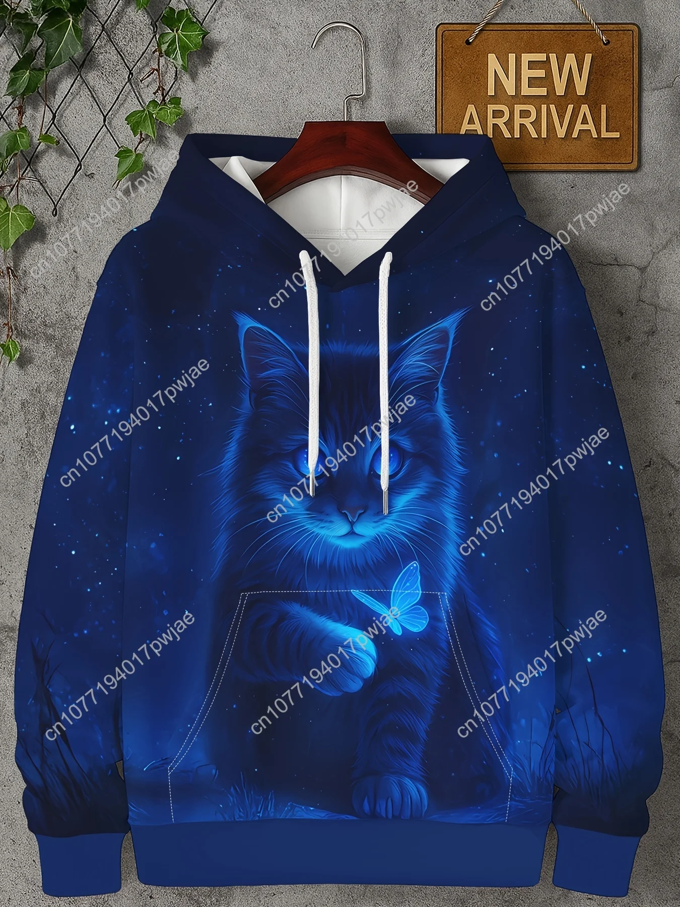 Уютная синяя светящаяся толстовка с котом для взрослых — толстовка из мягкого полиэстера с 3D-принтом котенка и бабочки, капюшоном и карманом, идеально подходит для