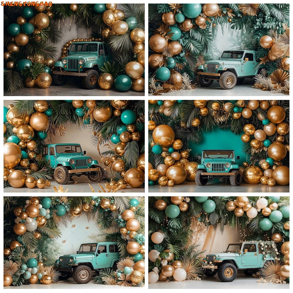 

Jeep Backdrops For Photography Green Gold Balloon Door Retro Truck Children Adult Portrait Decor Background Photo Studio Props