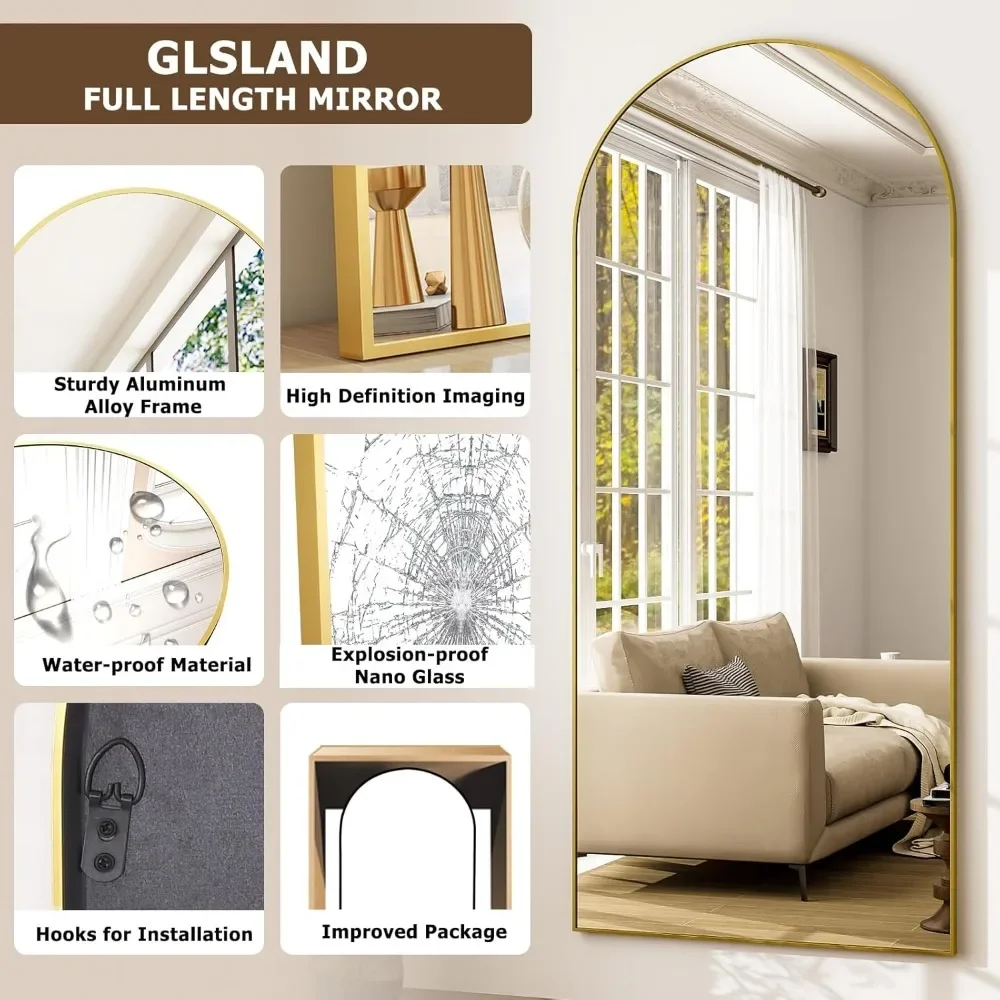 GLSLAND-34x76 pulgadas Soporte de pared arqueado de longitud completa - Marco de aleación de aluminio de alta definición - Cuerpo completo para dormitorio o sala de estar, Oro