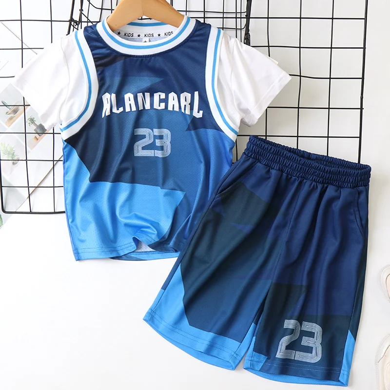 Outdoor Quick-Dry Kids Top Summer T-Shirt + Shorts Letter Print Moisture Wicking Baby Boys 2-Pieces Workout Sets 3-14 Years