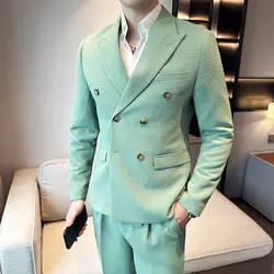 (Jacket+Pants) Men Blazers High Quality Double Breasted Business Suits/Male Slim Fit Waffle Groom's Wedding Dress Casual Tuxedo