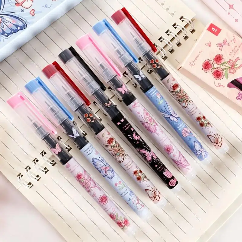 4Pcs/Box Cute Butterfly Rose Printed Gel Pens Smooth Quick Drying Ink For School Note Taking Office Daily Use