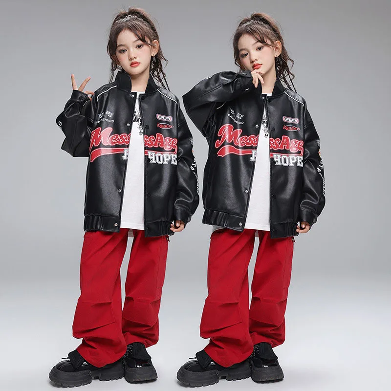 Kid Cool Hip Hop Clothing Black PU Leather Motorcycle Jacket Red Casual Wide Pants for Girl Boy Jazz Dance Wear Costumes Clothes