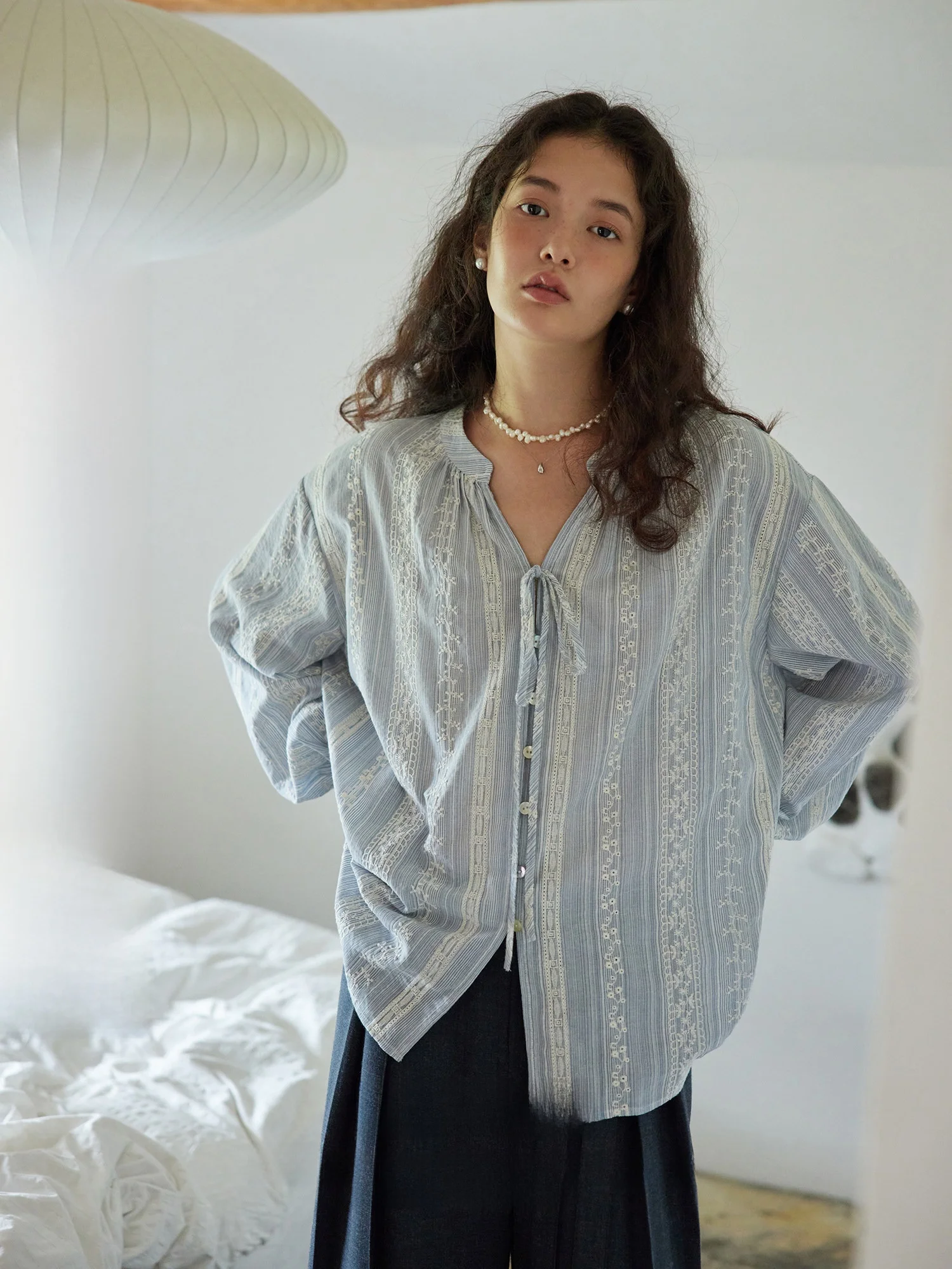 

Blue Embroidered Drop oulder irt Vintage Sle Girl Feel One oulder Collar Tie Cotton Polyester Blend Long Sve Women...