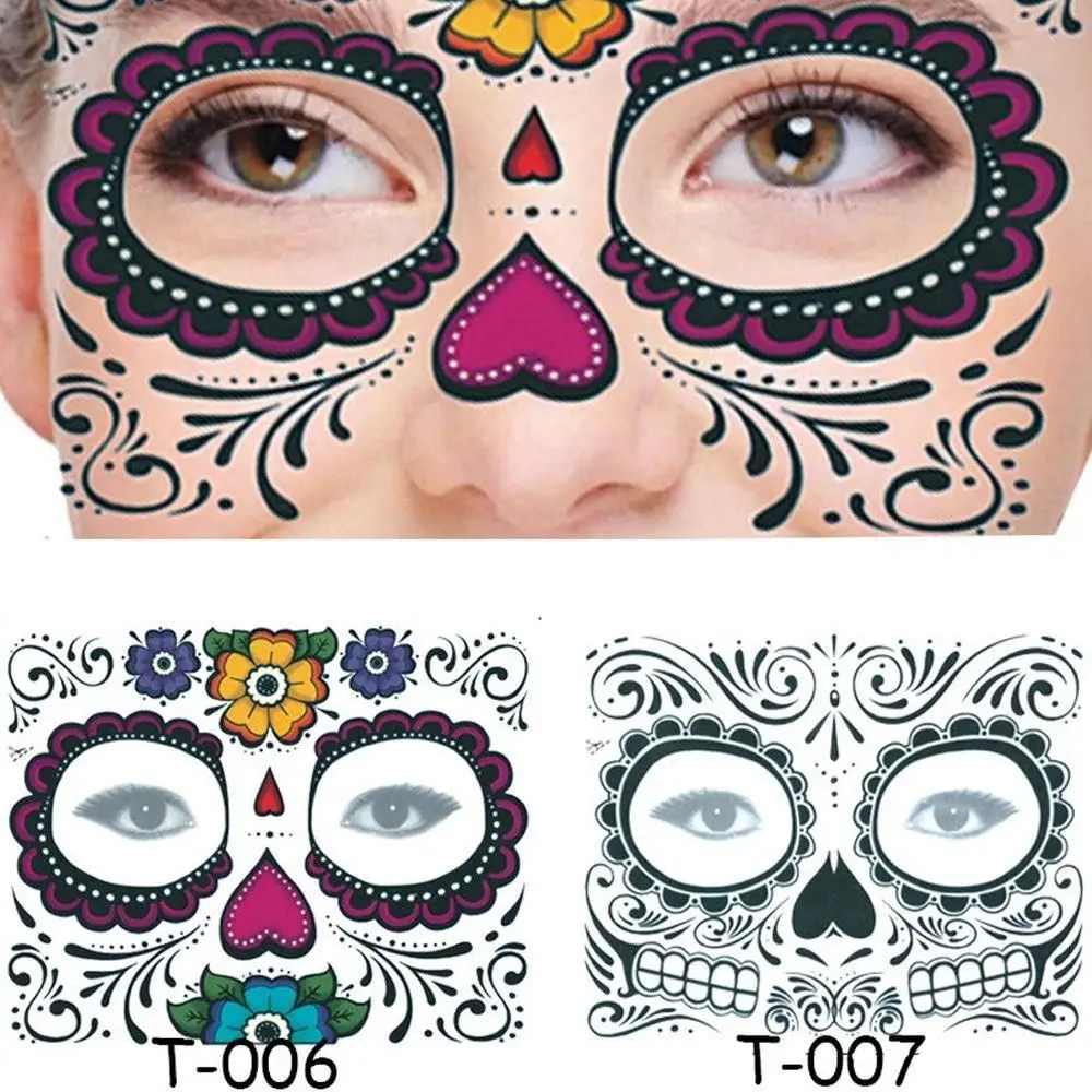 Hot Sale Waterproof Day of The Dead Skull Face tattoo Temporary Tattoo Stickers Pop Halloween Facial makeup Body Art