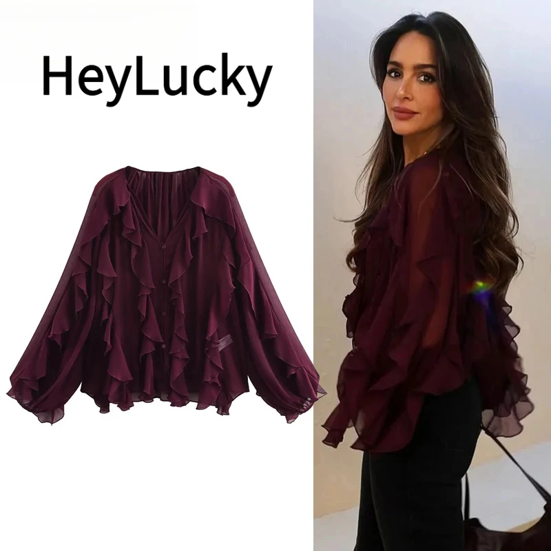 

Женские блузки с рюшами, полупрозрачные повседневные блузки, женские весенние рубашки и блузки с длинными рукавами для женщин, 2025 г.