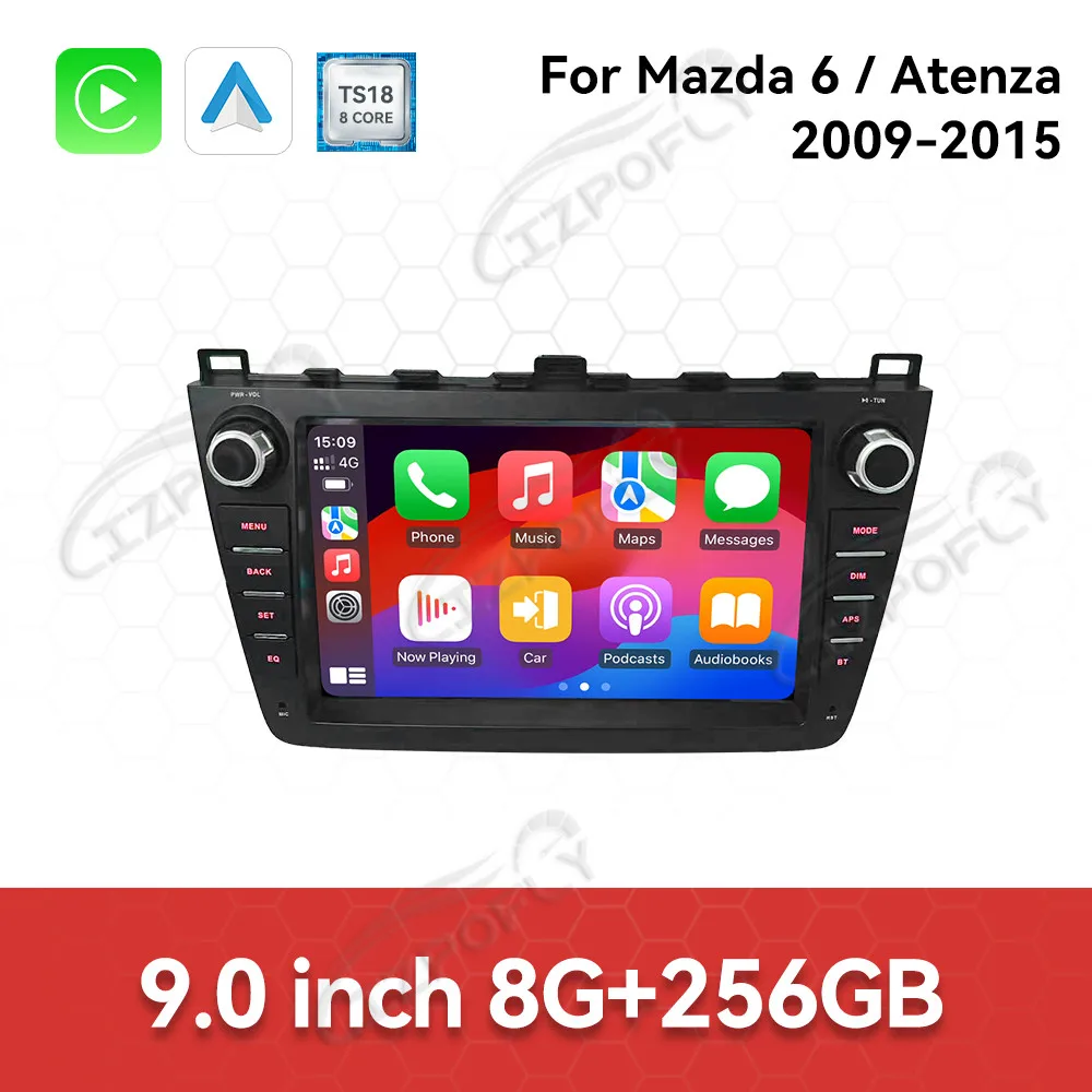 

Автомобильный радиоприемник Carplay с 9 дюймов и сенсорным экраном для Mazda 6 Atenza 2009-2015 Android15, GPS-навигация, мультимедийный плеер, головное устройство