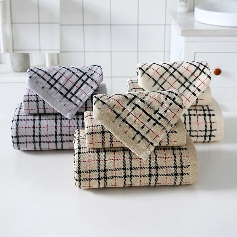 

1Set Simple Lattice Soft Absorbent Thick Cotton Towel Bath Towel Set of Three