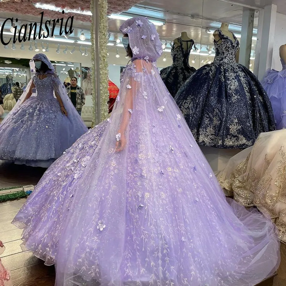 Vestidos de quinceañera con flores hechas a mano de lavanda, vestido de baile con encaje Floral de cristal, hombros descubiertos, fiesta Formal dulce 16, 2023