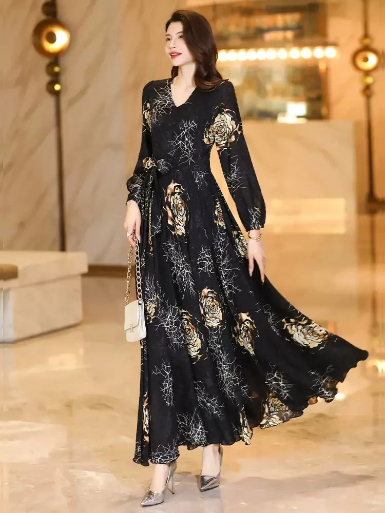 New Women Spring Summer Print Long Dress Fashion V-Neck Long Sleeve Slim Dress Elegant Flowing Holiday Overlength Dress