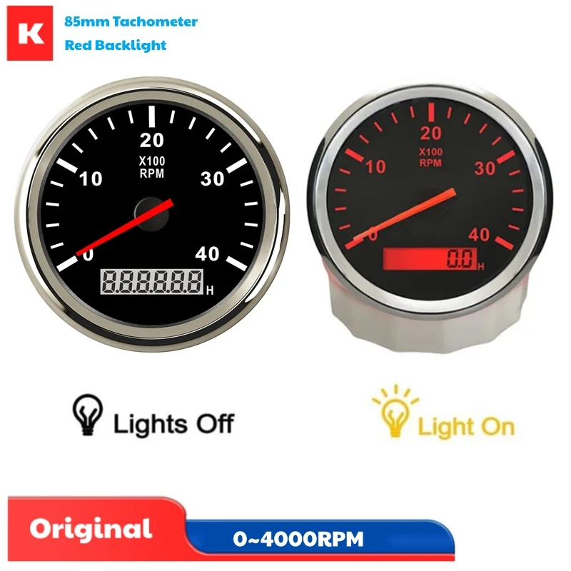 Car / Boat 0-4000RPM Show Tachometers 85mm Black Rev Counters 1-300 Speed Ratio Revolution Meters with Hourmeters Red Backlight