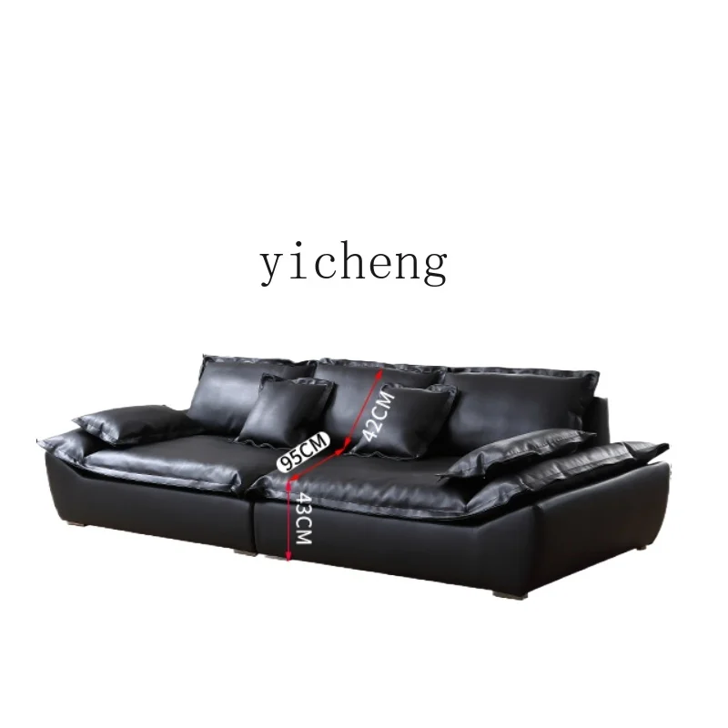 

TQH leather sofa French retro living room new super wide sitting deep Italian minimalist black sofa