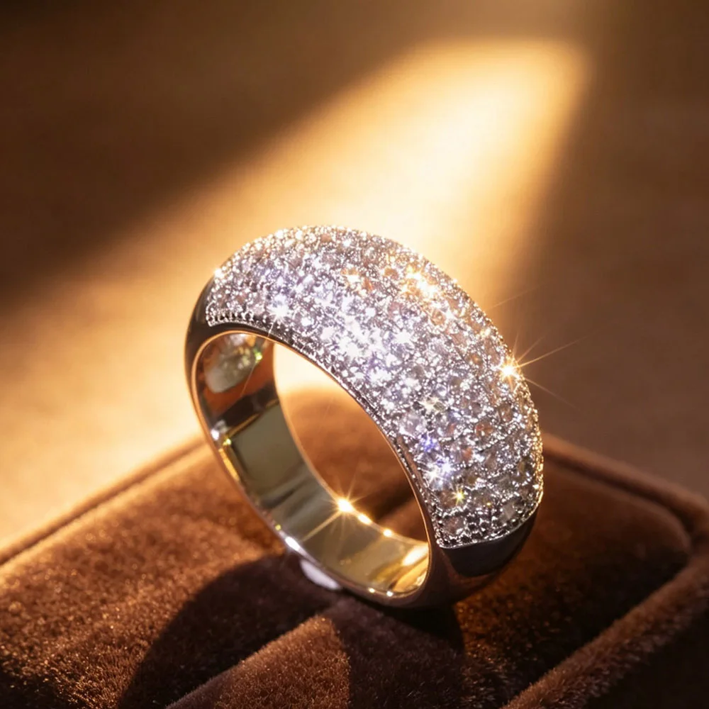 1Pcs wide dome ring with half surface fully paved shiny zircon crystals, polished smooth metal on the other side. Minimalist luxury design, fit daily wear, banquets and anniversary gifting, ring only, box not included.