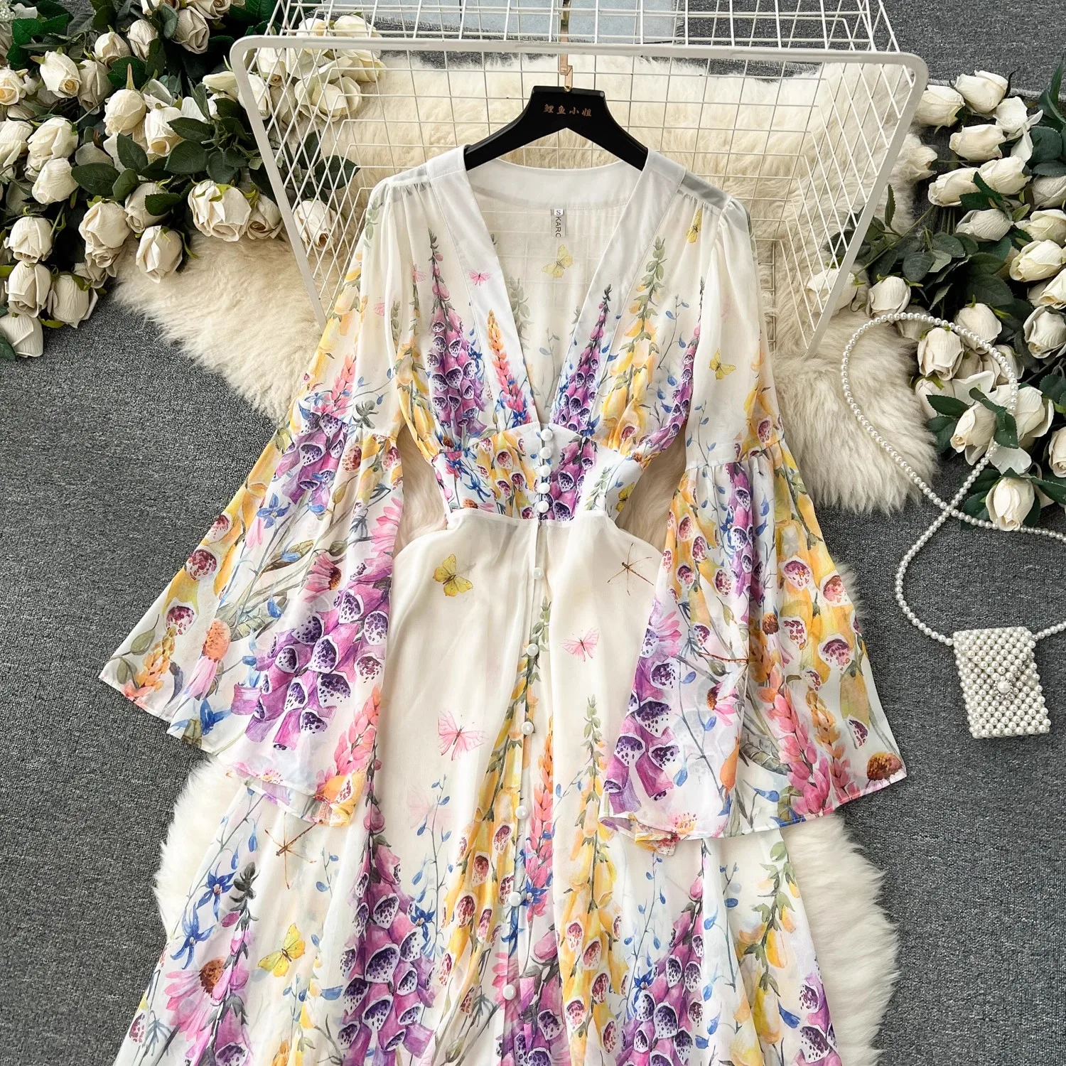 Zomervakantie Prachtige Bloem Chiffon Ruches Cake Jurk Dames V-Hals Flare Mouw Bloemenprint Boho Robe Lange Vestido 6230