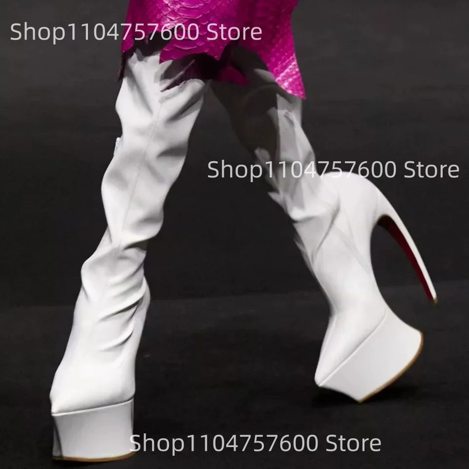 Women's Over-The-Knee Slouchy Platform Stiletto Heel Boots Red Sole Side Zipper Elegance Retro Ladies Street Punk High Booties